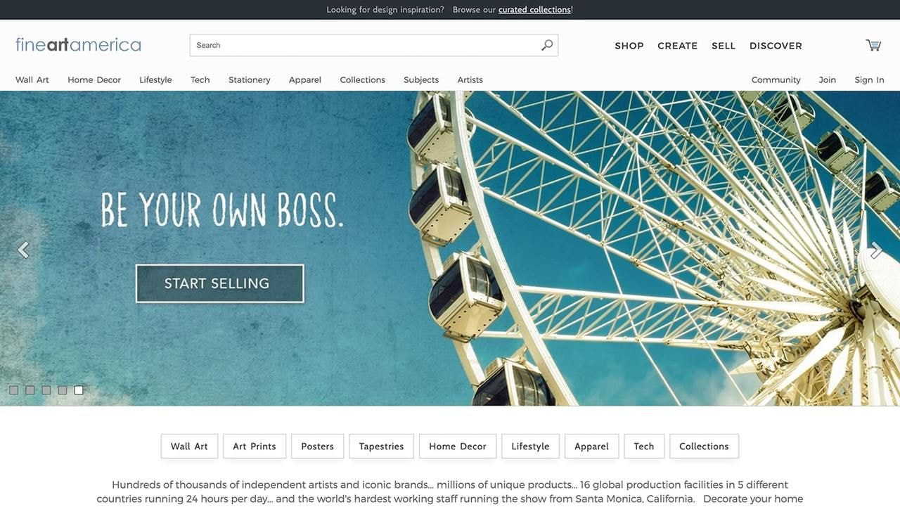 Fine Art America homepage hero section screenshot.